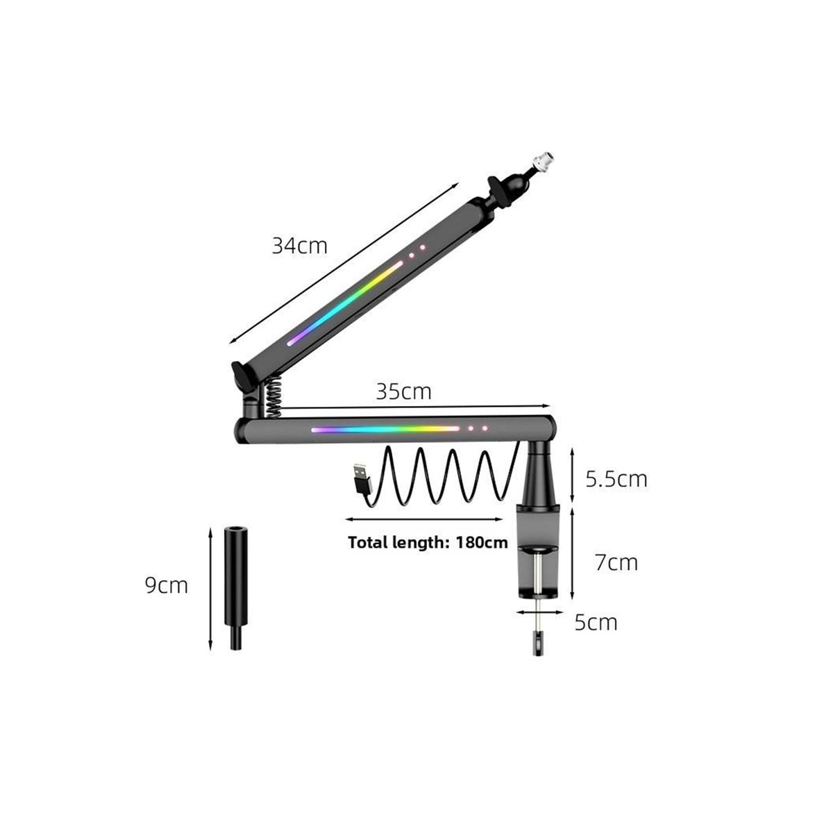 RGB Microphone Boom Arm with Controllable Lighting, Adjustable Low Profile Desk Clamp Mic Stand thumbnail 2