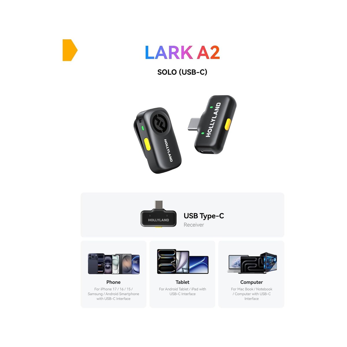 Hollyland LARK A2 Solo Wireless Microphone (1TX + 1 USB-C RX) – Space Gray thumbnail 2