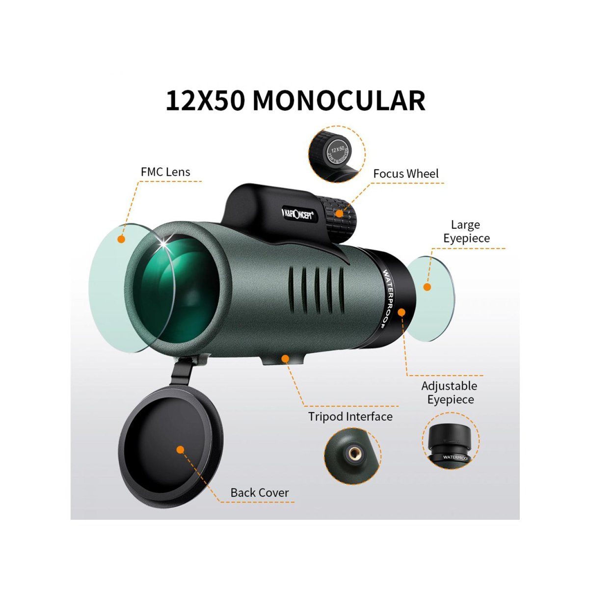 K&F Concept 12×50 BAK4 IP68 Waterproof Monocular with Smartphone Adapter – KF33.008 thumbnail 2