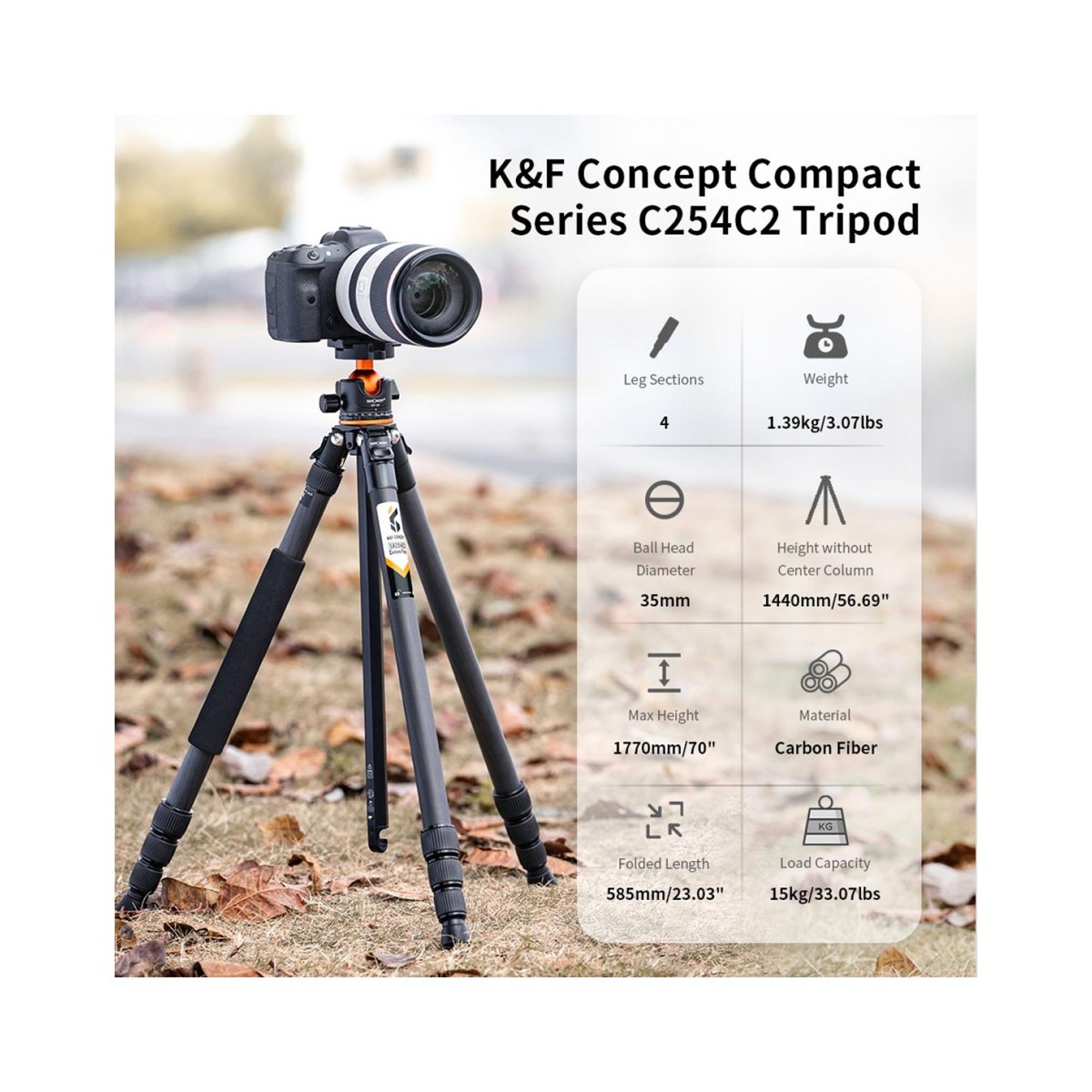 K&F Concept 70″ Carbon Fiber Travel Tripod with BH-36L Ball Head-KF09.098V1 thumbnail 2