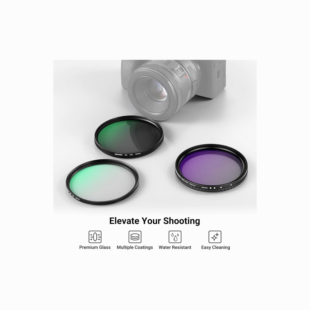 NEEWER 82mm Variable ND2-400, CPL & UV Lens Filter Kit – 3 Pack thumbnail 2