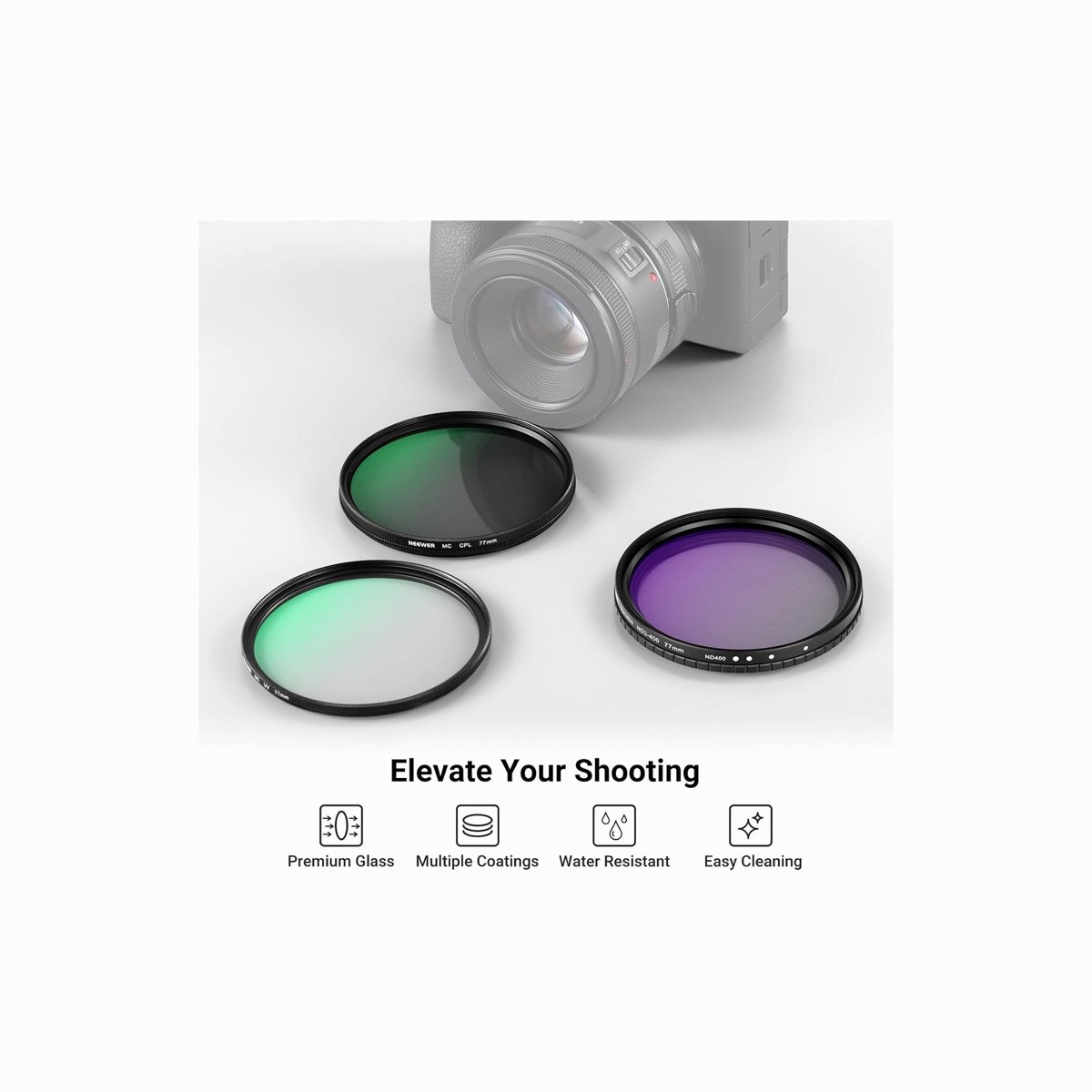 NEEWER 77mm Variable ND2-400, CPL & UV Lens Filter Kit – 3 Pack thumbnail 2