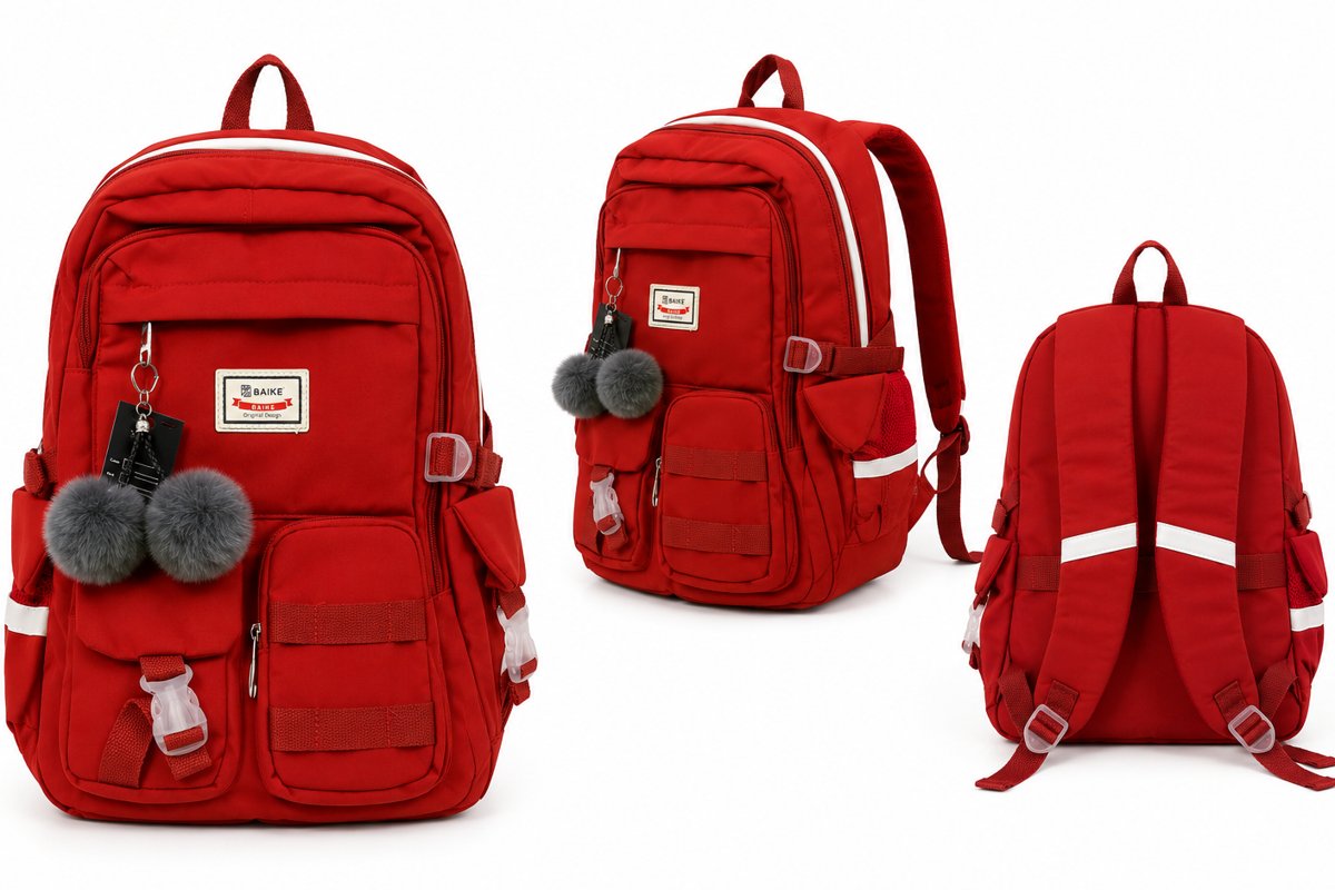 Baike Premium School Backpack with Pom Pom â Stylish, Spacious & Lightweight
