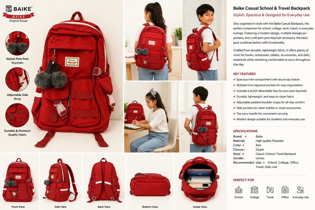 Baike Premium School Backpack with Pom Pom – Stylish, Spacious & Lightweight thumbnail 2