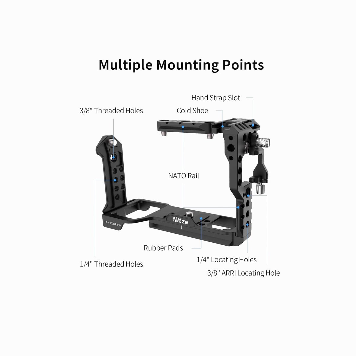 Nitze Cage for Sony FX30 / FX3 with HDMI Cable Clamp and Built-in Acra QR Plate T-S10B thumbnail 2