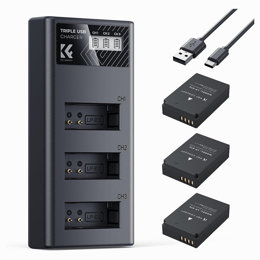 K&F Concept LP-E12 Battery 3-Pack LCD EOS M50 Battery Charger for Canon M50, M50 Mark II, M, M2, M10, M100, M200, Rebel S1, PowerShot SX70 H