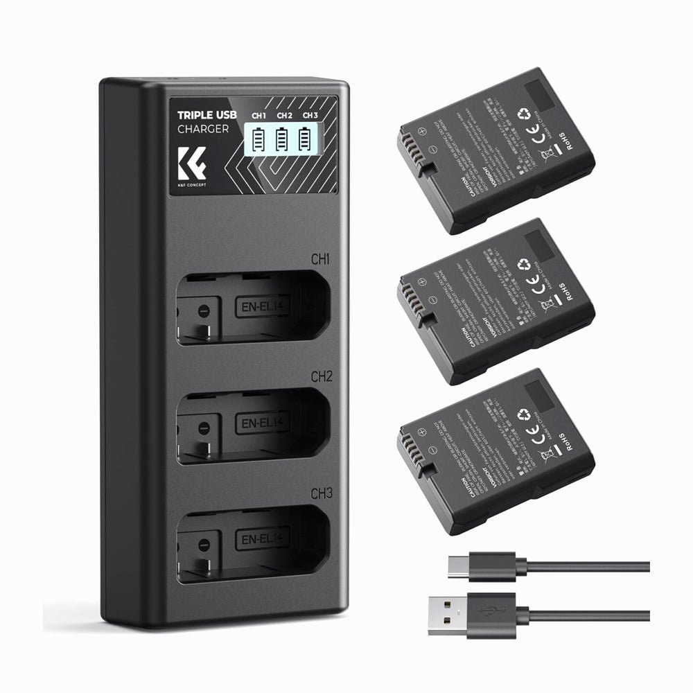 K&F Concept 3-Pack EN-EL14 Battery LCD Charger Compatible with Nikon D5300 D5600 D5100 D5200 D5500 D3100 D3200 D3300 D3400 D3500 Coolpix P70