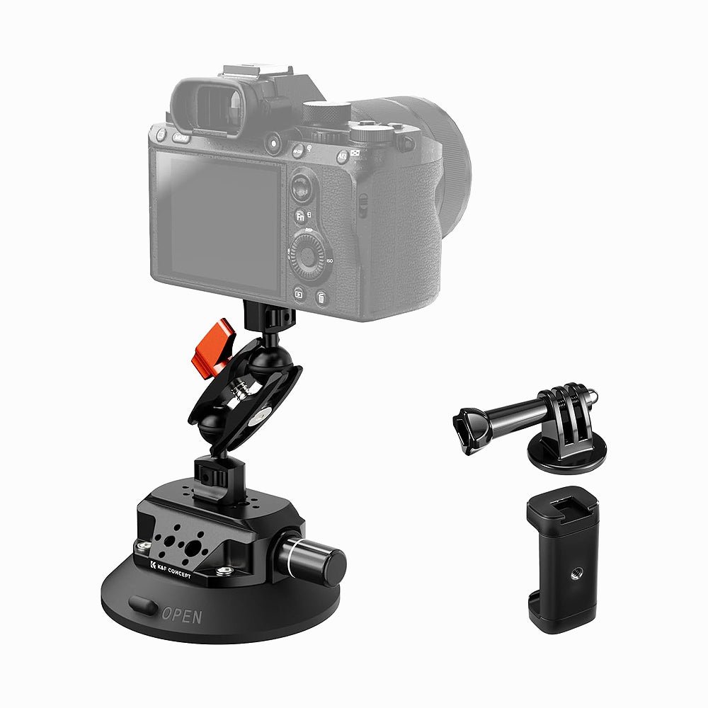 K&F Concept 4.5" Suction Cup Camera Mount with Double Ball Head Magic Arm, Mobile Phone Clamp, Gopro Adapter Accessories, 3/8" to 1/4" Adapt