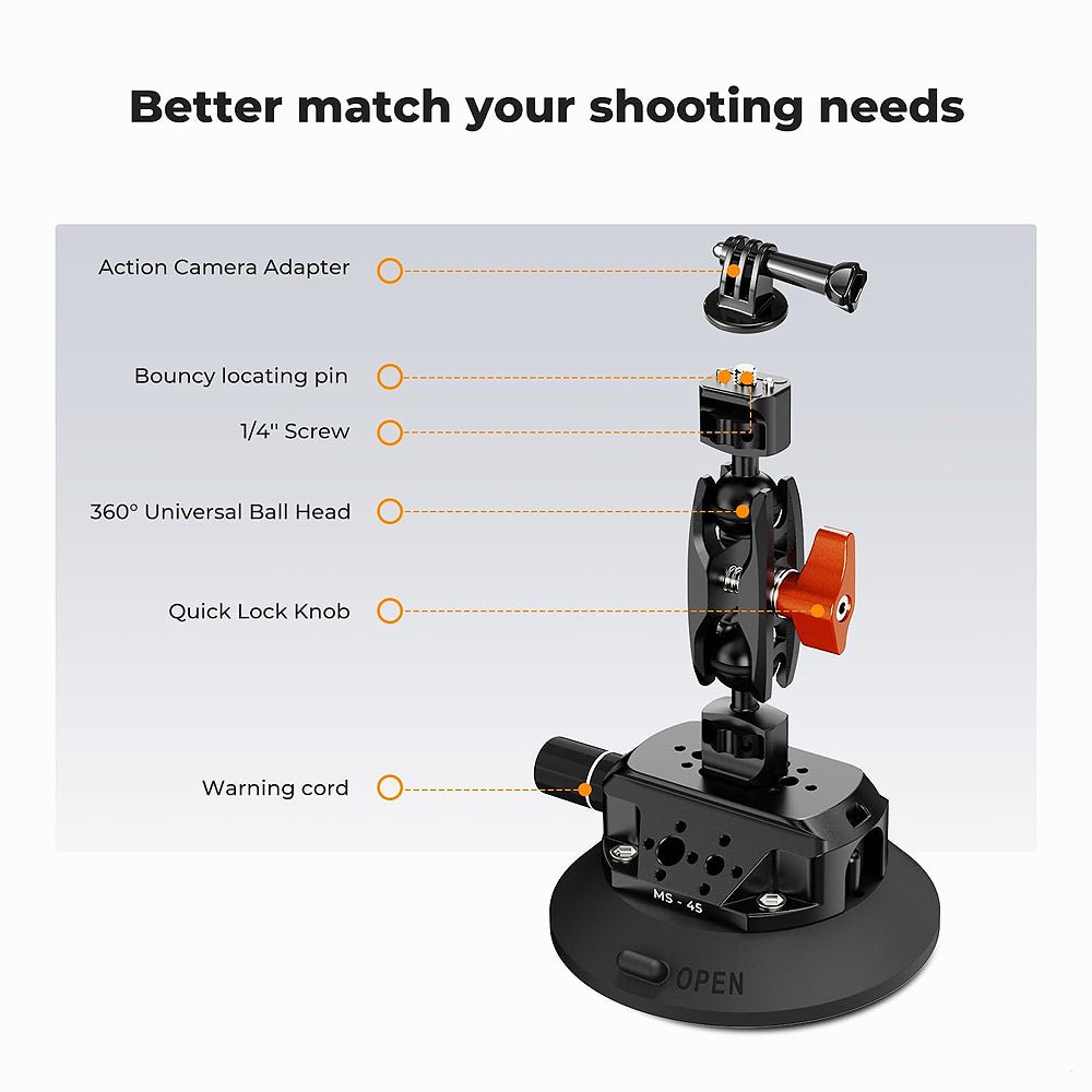 K&F Concept 4.5" Suction Cup Camera Mount with Double Ball Head Magic Arm, Mobile Phone Clamp, Gopro Adapter Accessories, 3/8" to 1/4" Adapt thumbnail 2