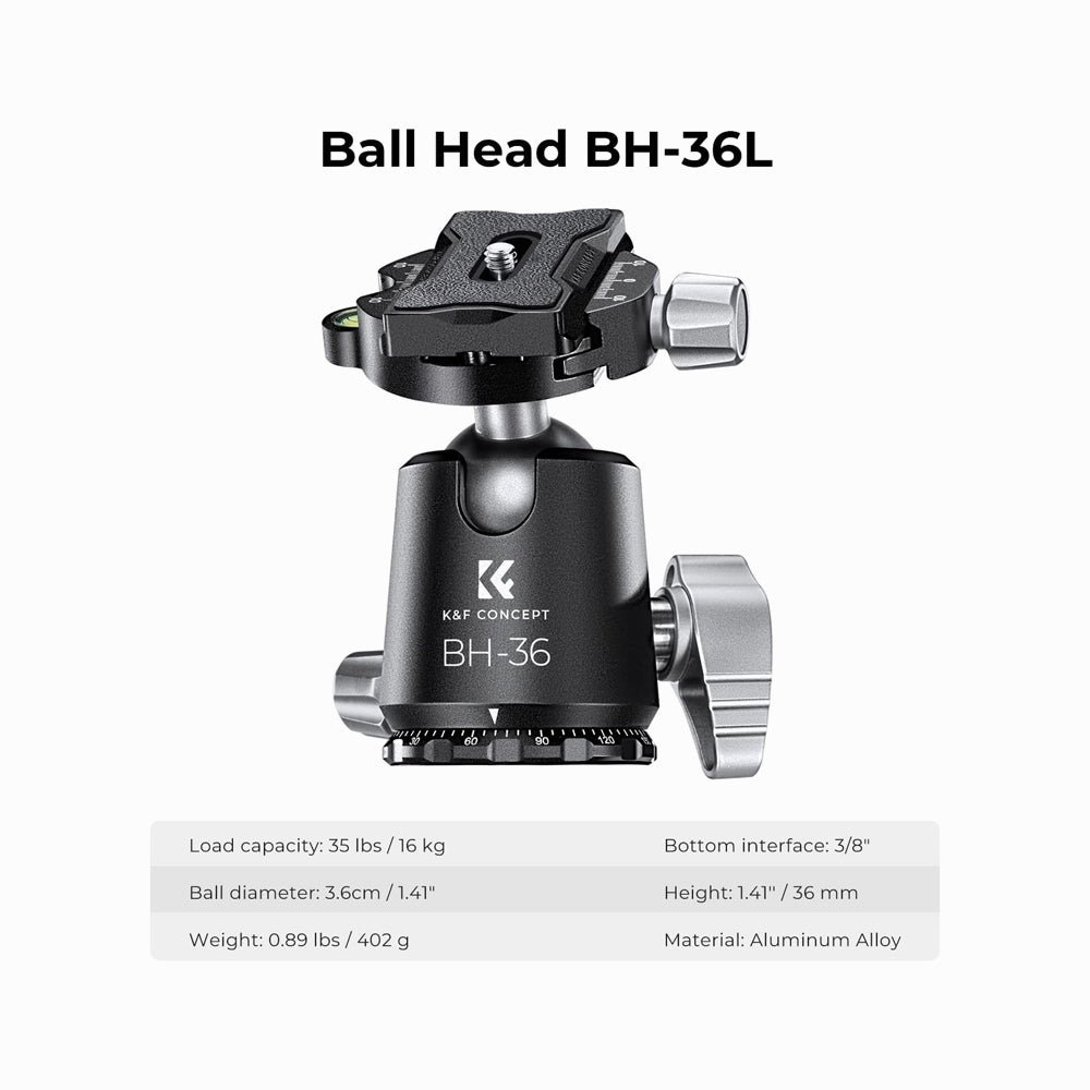 K&F Concept Carbon Fiber Tripod Capacity 16KG/35.2lbs with 36mm Metal Ball Head Load X284C4+BH-36 SKU: KF09.117 thumbnail 2