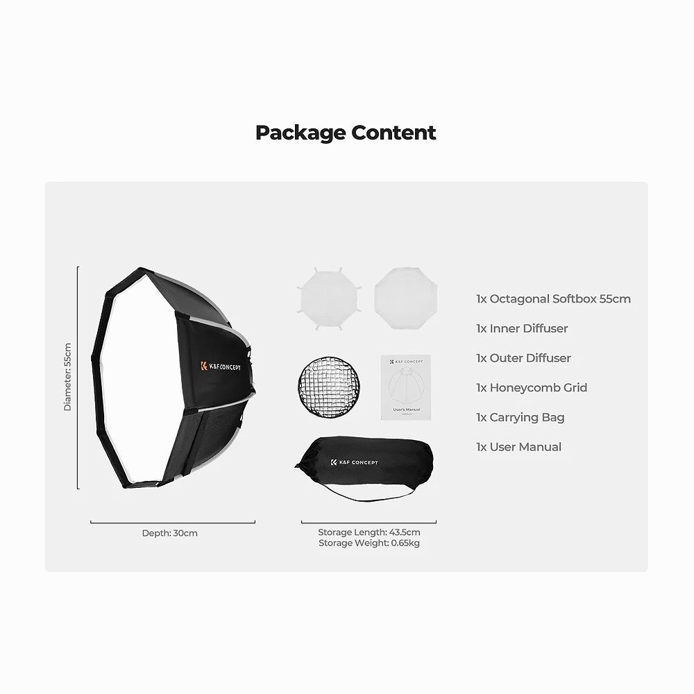 K&F Concept 55cm Octagonal Softbox Quick Release Bowens Mount Softbox with Honeycomb Grid-KF18.007 thumbnail 2