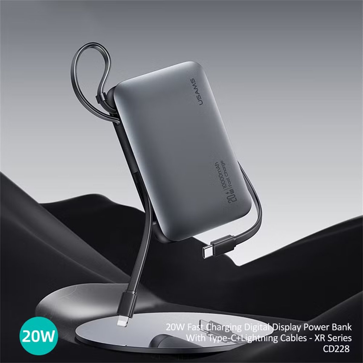 USAMS Power Bank CD228 20W Digital Display With Type-C+Lightning Cables Tarnish - XR Series 10000mAh thumbnail 2
