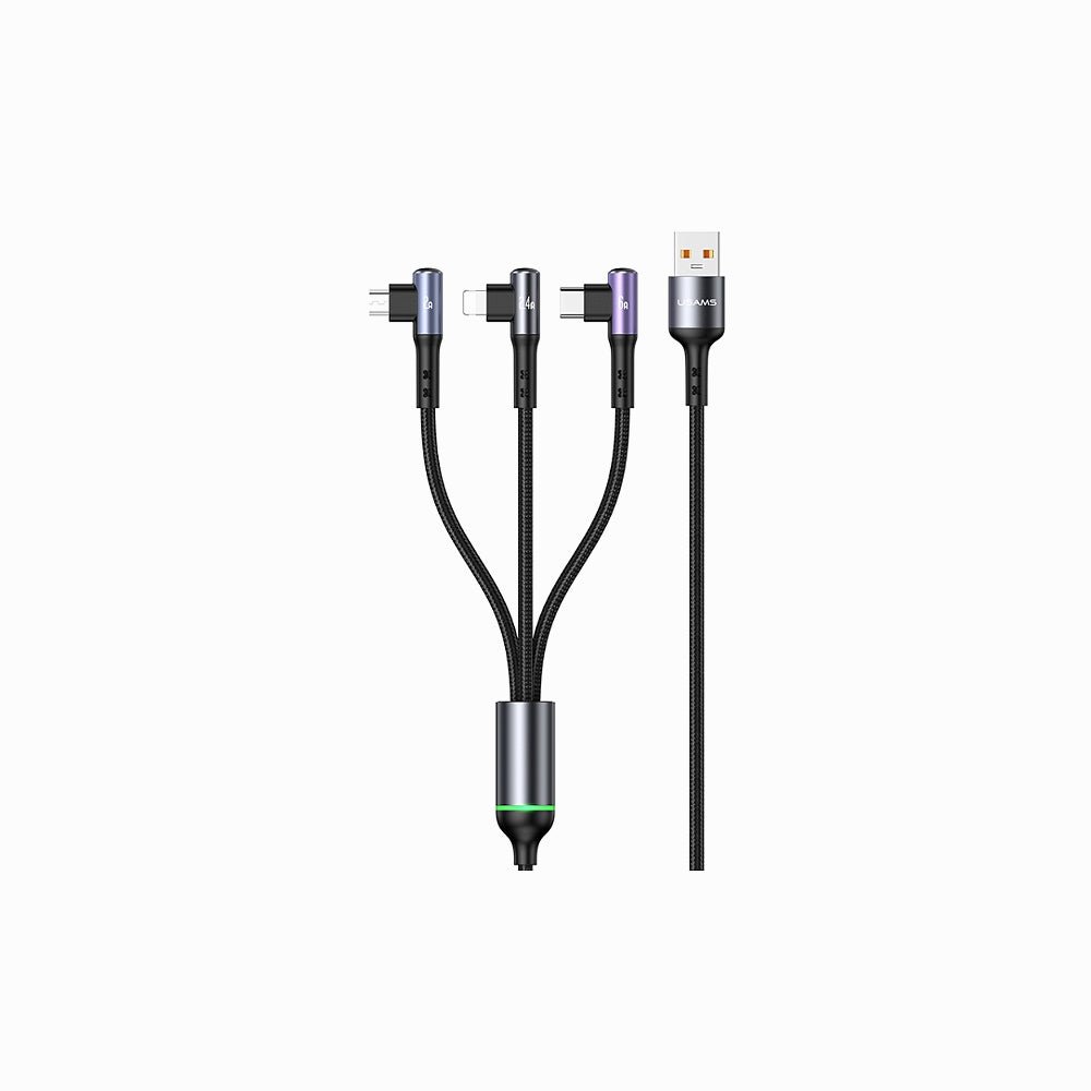 Usams 1.2-Meter 3-in-1 Right-Angle USB Type A to Multiple Types Fast Charging & Gaming Data Cable with 66W Multicolour US-SJ561 image 1