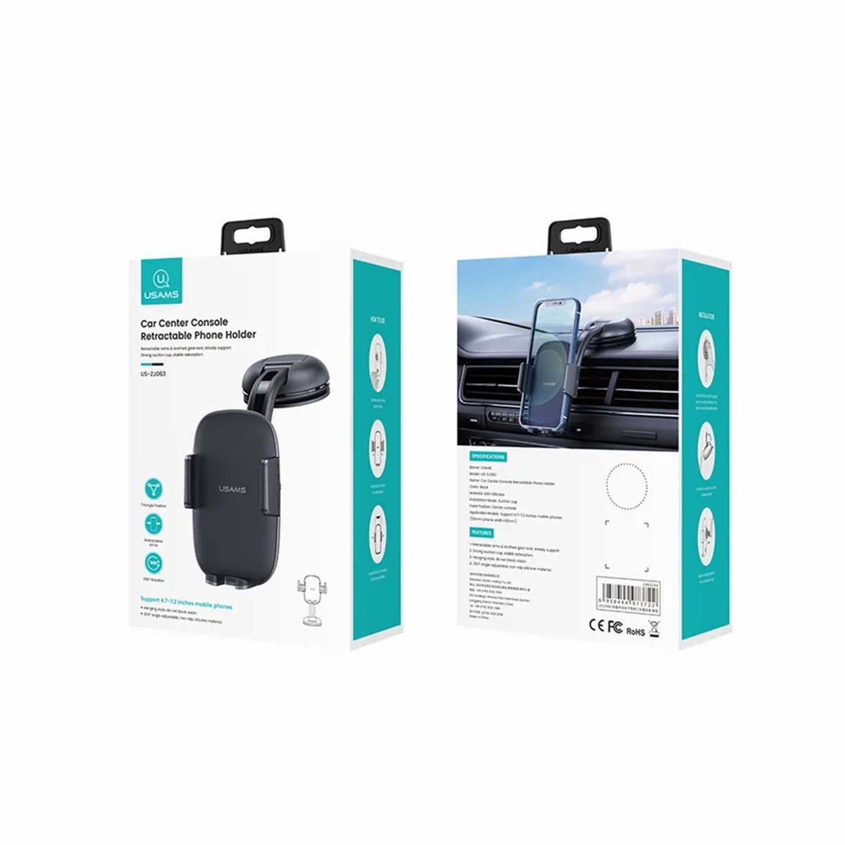 USAMS US-ZJ063 Car Dashboard Windshield Suction Cup Mobile Phone Holder Rotatable Bracket thumbnail 2