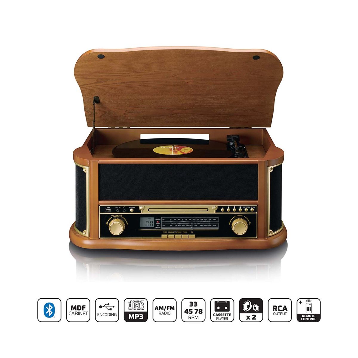 JOPOSTAR Natural Wood Classic Turntable Stereo System with BT Connection Vinyl Record Player AM/FM CD Cassette USB SD Slot MP3 Player thumbnail 2