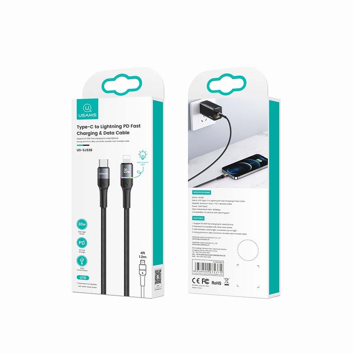 USAMS US-SJ538 U76 20W Type-C to Lightning Fast Charging Data Cable, 1.2 Meter Cable Length, Gray thumbnail 2