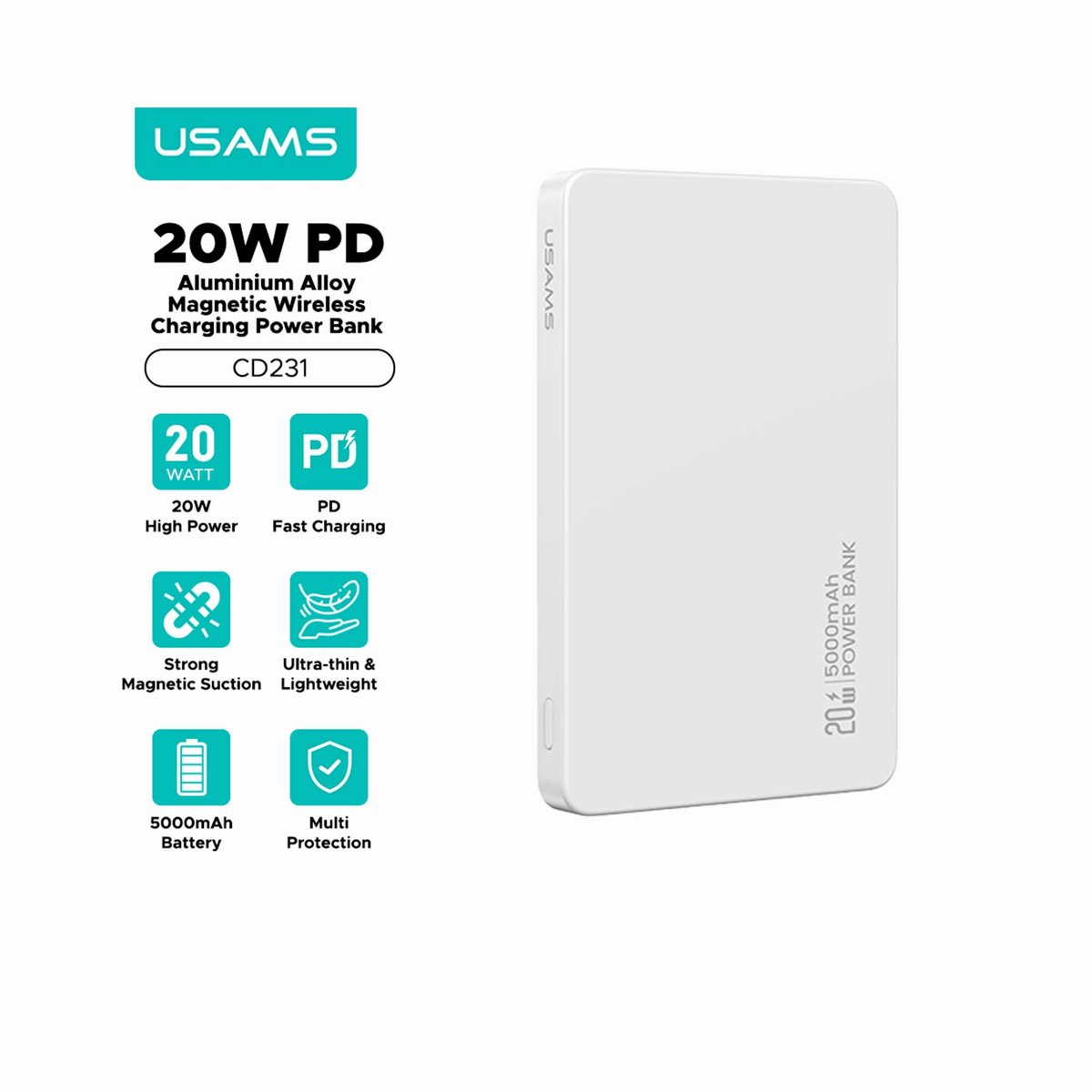 USAMS CD231 Portable Charger PD 20W Magnetic Wireless Power Bank 5000mAh Slim Battery Pack Charger - White thumbnail 2