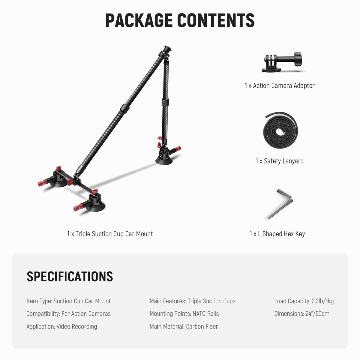 NEEWER CA136 Triple Suction Cup Extension Pole Car Mount Kit thumbnail 2