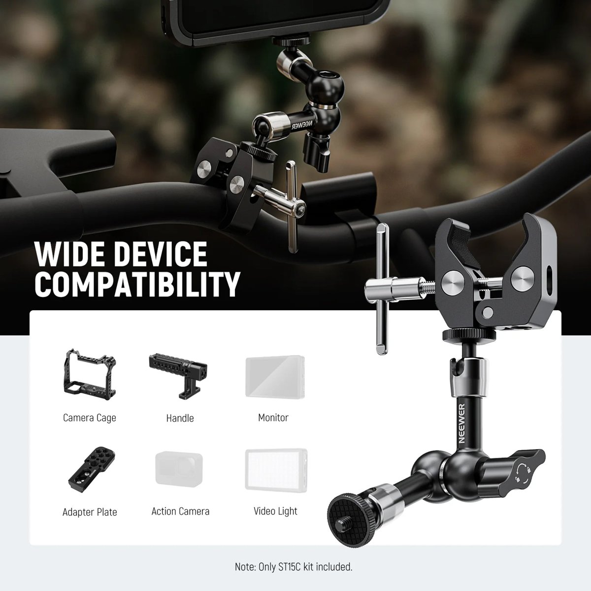 NEEWER 11-inch Articulating Magic Arm Clamp Mount with Super Clamp, Camera Monitor Mount with 1/4" 3/8" ARRI Locating Pins & Holes for DSLR  thumbnail 2