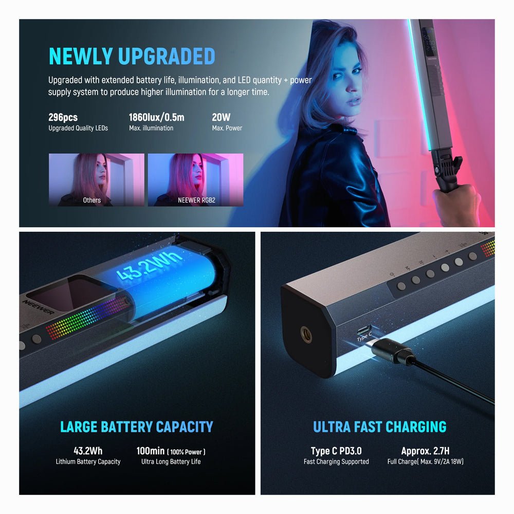 NEEWER RGB2 LED Tube Light Stick with Metal Barndoor thumbnail 2