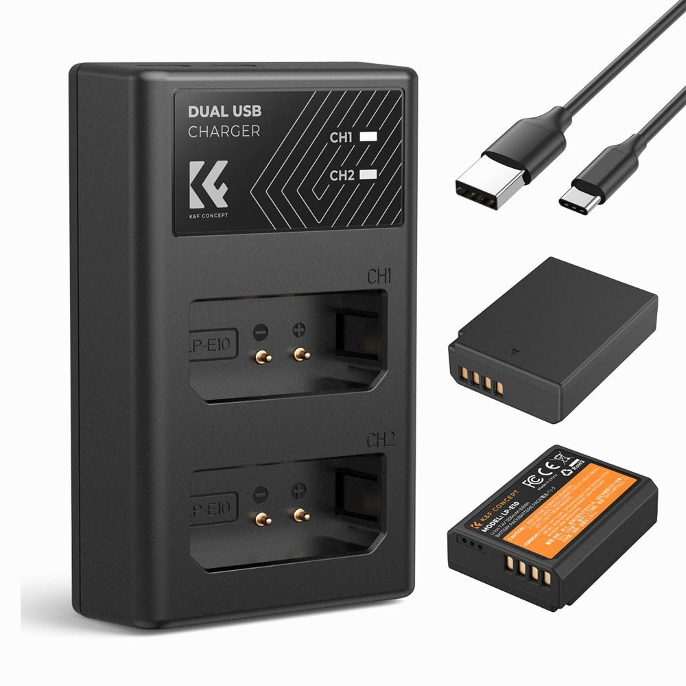 K&F Concept DB-110 2pcs (2-Pack) 1100mAh Battery + Dual Bay LCD Display Charger Set Kit with USB Type-C / Micro USB Port, Overall Charging P