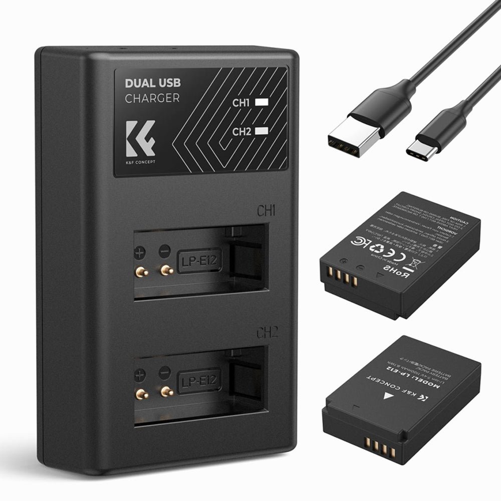 K&F Concept LP-E12 Battery and Charger Set with Dual Slot Charger for Canon M2, M200, M50, M100, M10, 100D (KF28.0029)