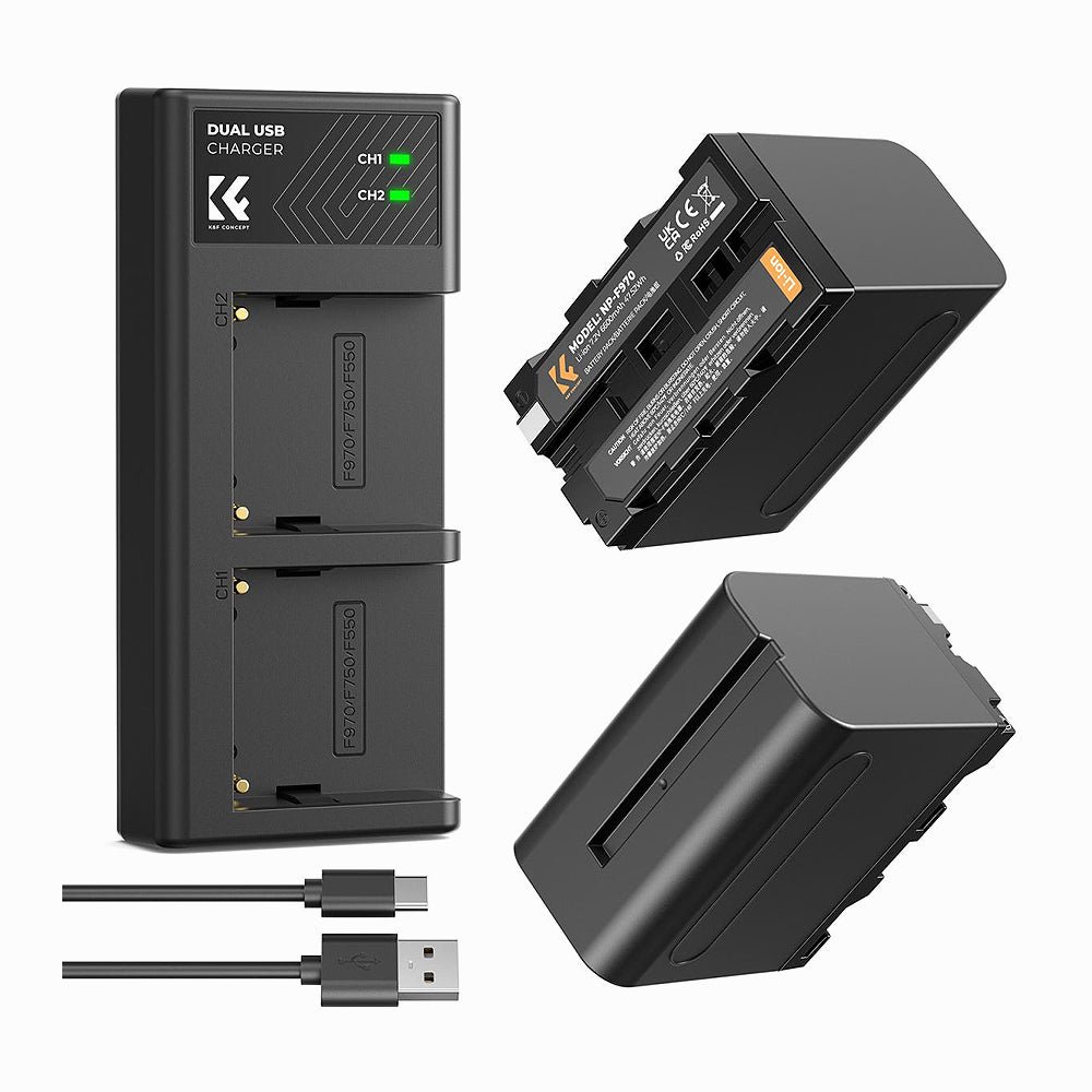 K&F Concept 2 Pack NP-F970 Battery with LED Charger, Compatible with Sony NP-F550 F570 F750 F770 F930 F950 F960 F970, High-Power LED Lights,
