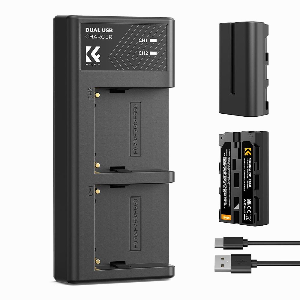 K&F Concept 2 Pack NP-F550 Battery and Charger Set Compatible with Sony NP-F550, F570, F750, F770, F930, F950, F960, F970 Batteries, LED Lig