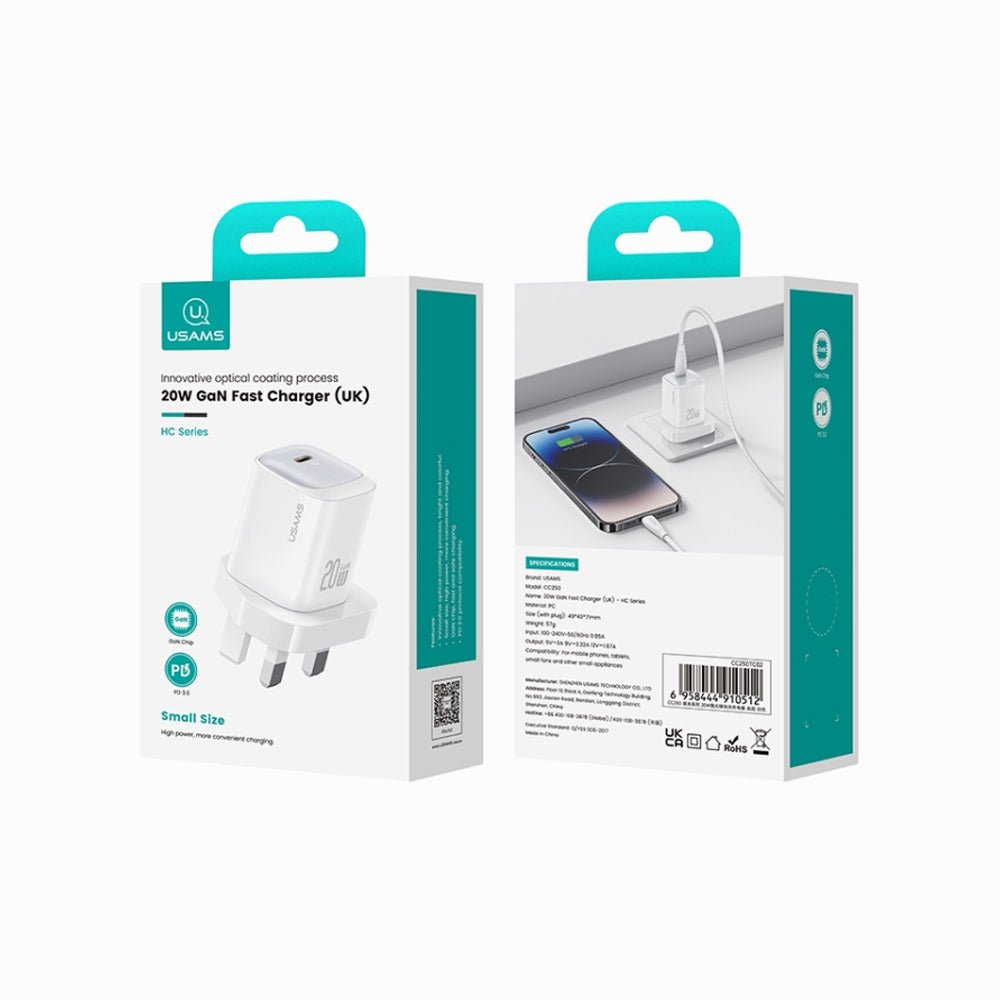USAMS CC250 20W USB-C / Type-C GaN Fast Charger, UK Plug (White) thumbnail 2