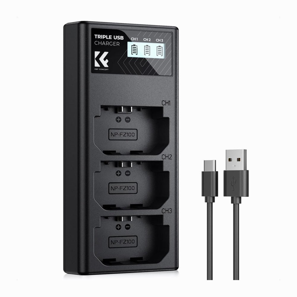 K&F Concept NP-FZ100 Charger, 3-Slot A7iii Battery Charger with LCD Display for Sony A7iii A7iv A7Rv A6700 A6600 A9 A1 FX3 FX30 ZV-E1 Camera