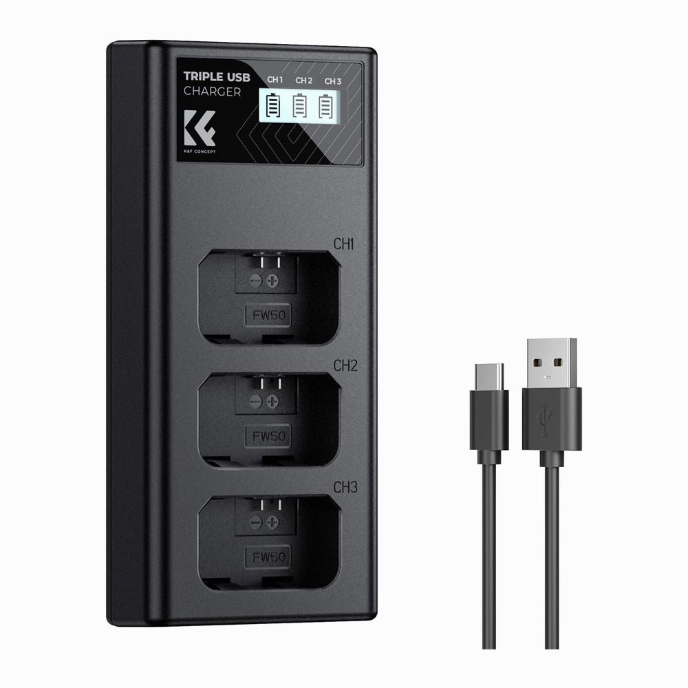 K&F Concept NP-FW50 Charger 3-Slot ZV-E10 Battery Charger with LCD Display for Sony A6400 A6600 ZV-E10 A7 A7ii Cameras-KF28.0060