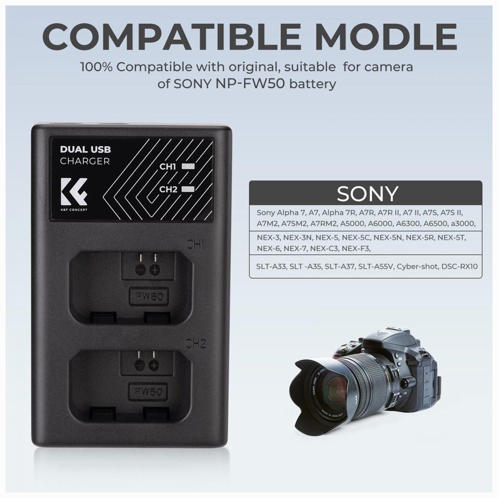 K&F Concept NP-FW50 Battery Charger, Dual Slot Quick Charger for Sony A6000, A6500, A6300, A6400, A7, A7II, A7RII, A7SII, A7S, A7S2, A7R, A7 thumbnail 2