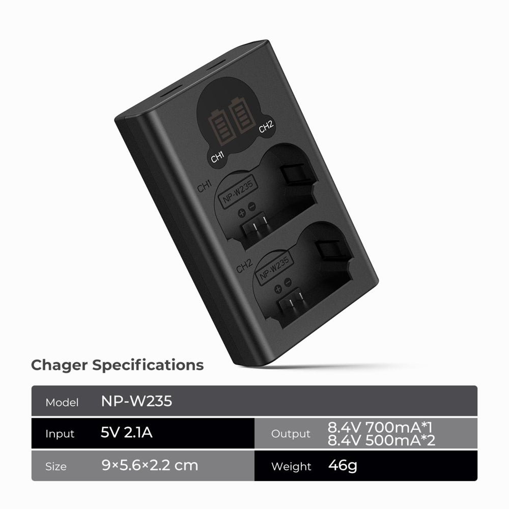 K&F Concept NP-W235 Battery Charger with LCD Screen, Micro USB and Type-C Charger for Fujifilm X-T5, X-T4, GFX 100S, X-H2S, GFX 50S II, VG-X thumbnail 2