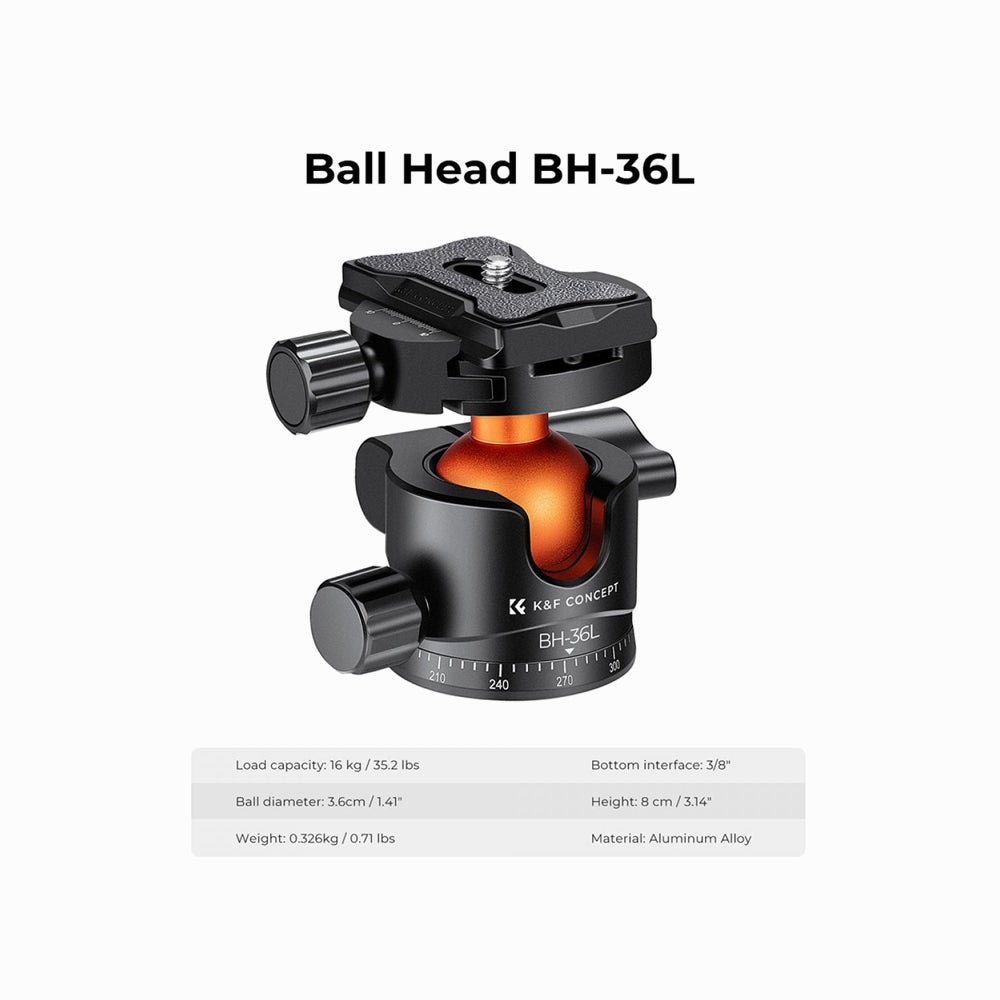 K&F Concept BH-36L 36mm Metal Tripod Ball Head 360 Degree Rotating Panoramic with 1/4-inch Quick Release Plate Bubble Level (KF31.044V1) thumbnail 2