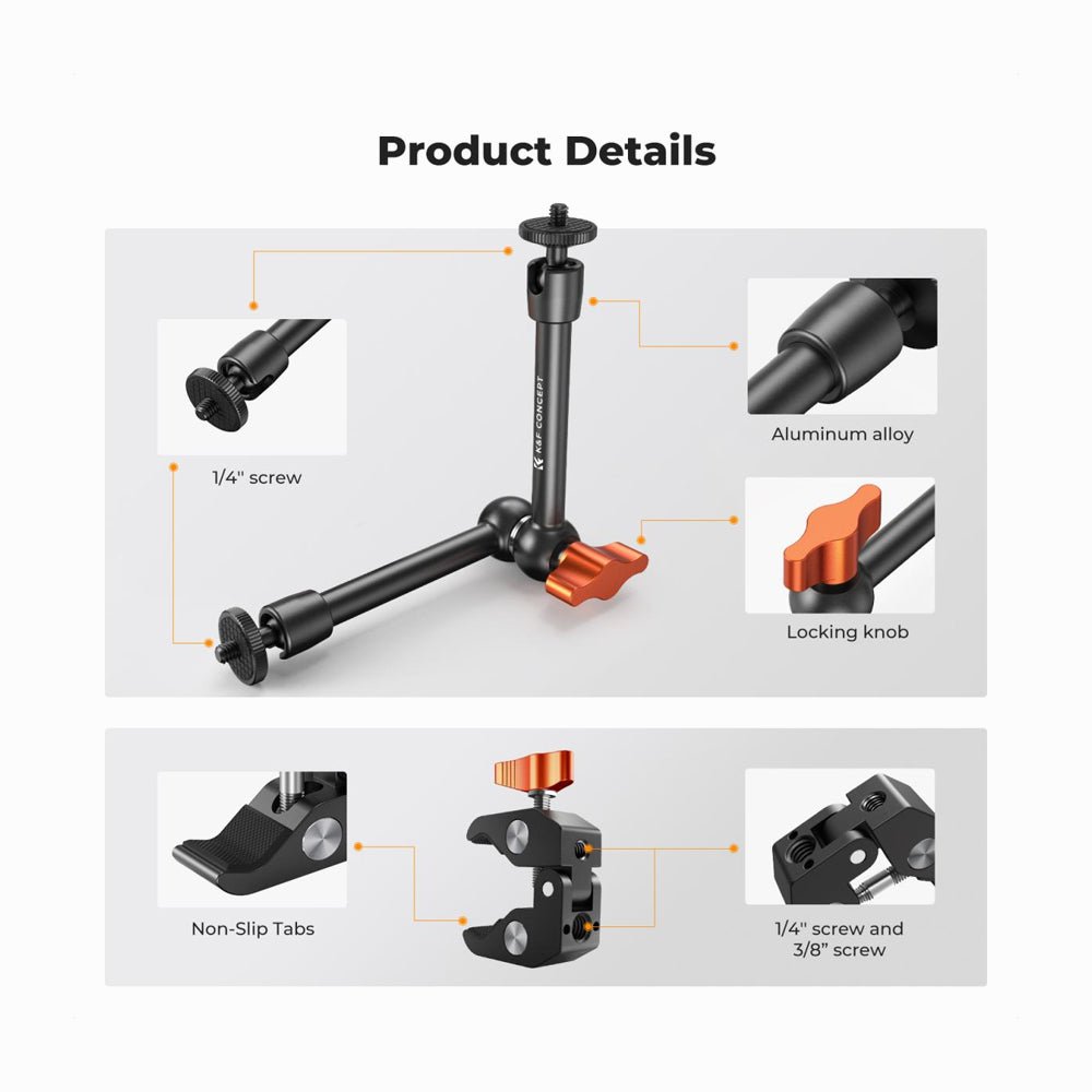 K&F Concept 9.8" Magic Arm with Super Clamp, Magic Arm Clamp Kit with 1/4" & 3/8" Thread Screw (KF31.131) thumbnail 2