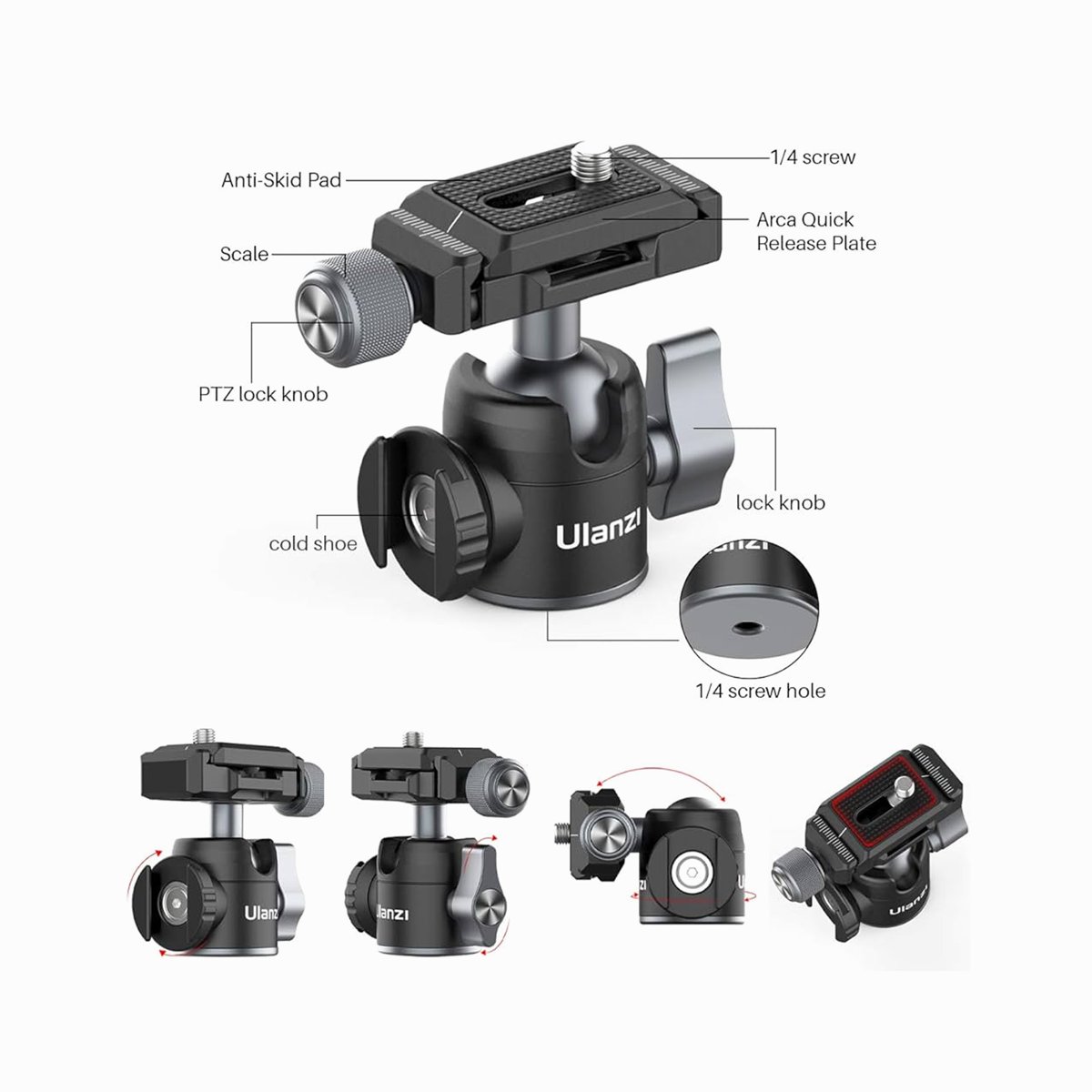 Ulanzi U-60L Side Cold Shoe Mount Ball Head with Arca-Type Quick Release thumbnail 2