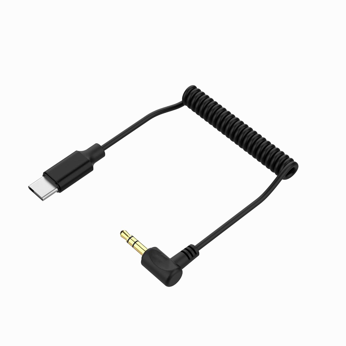 Audio Cable USB-C Male Straight - 3.5mm TRS Male Right Angle - 8 1/2" Coiled image 1