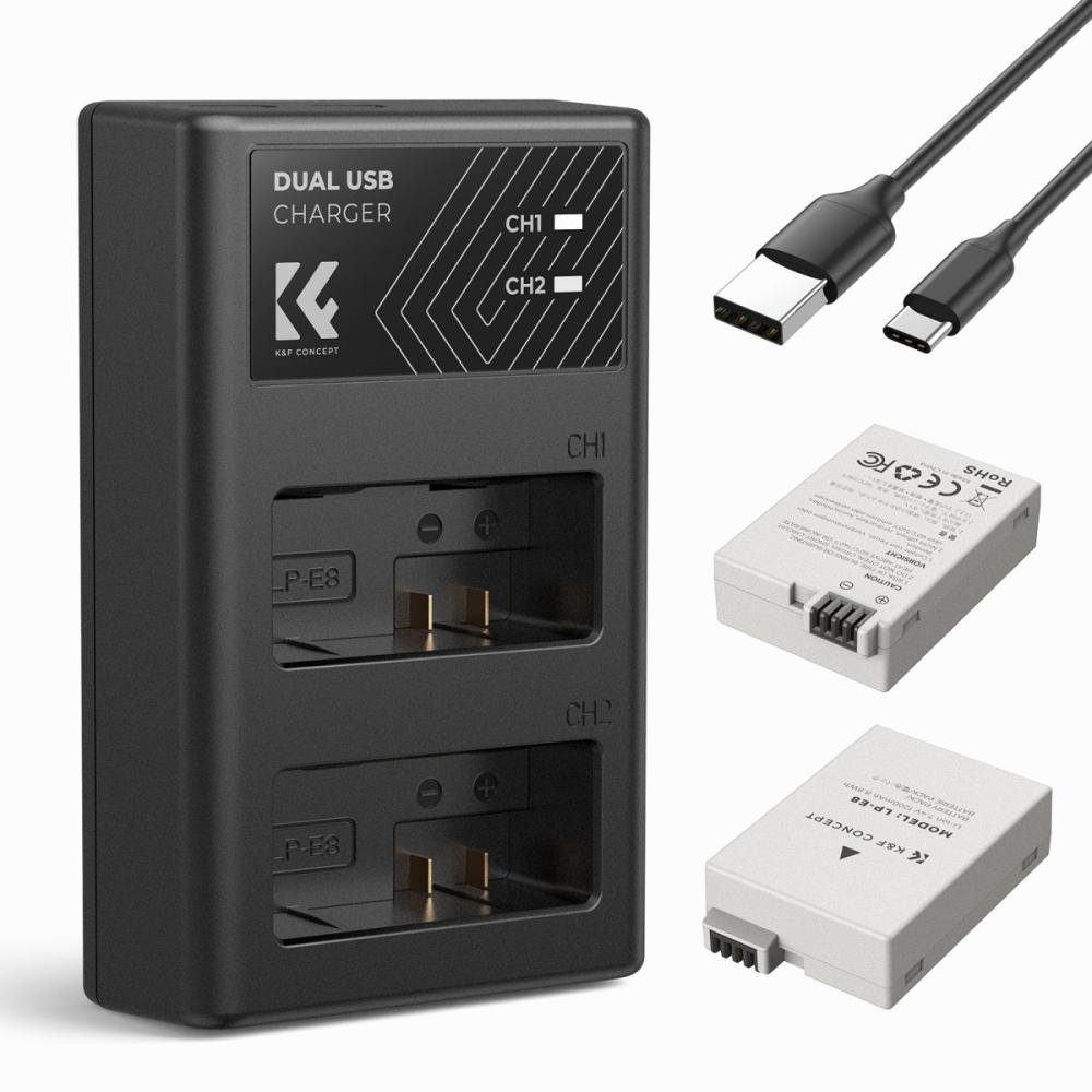 K&F Concept Canon LP-E8 Battery and Charger Set with Dual Slot Charger for Canon EOS 700D 650D 550D X7i X6i X5(KF28.0027)