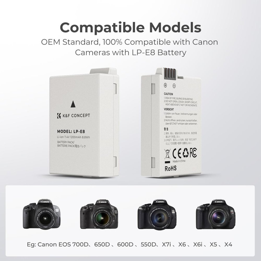 K&F Concept Canon LP-E8 Battery and Charger Set with Dual Slot Charger for Canon EOS 700D 650D 550D X7i X6i X5(KF28.0027) thumbnail 2