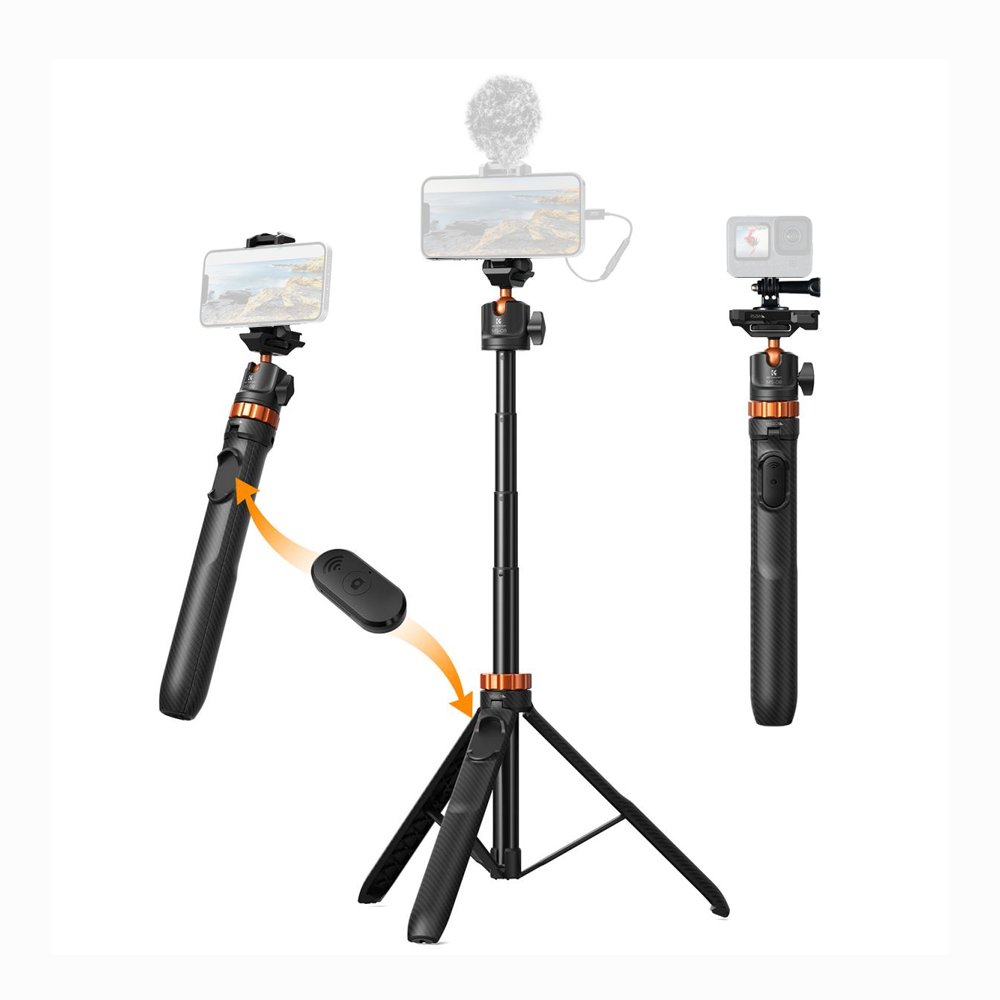 K&F Concept KF09.127V1Tripod Phone Selfie Stick, Black And Orange With Bluetooth Remote Control + Gopro Adapter MS08 thumbnail 2