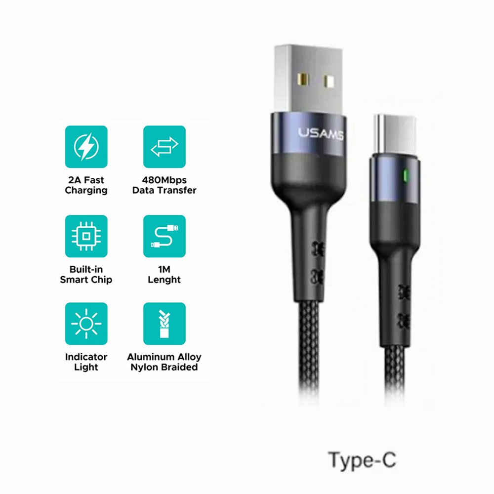 USAMS U26 CABLE TYP-C 1M 2A FAST CHARGING BLACK thumbnail 2