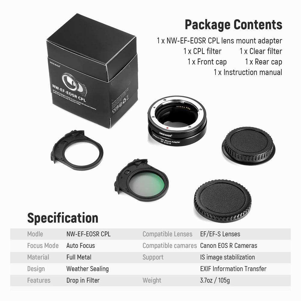 NEEWER EF to EOS R Mount Adapter with Drop in CPL Filter thumbnail 2
