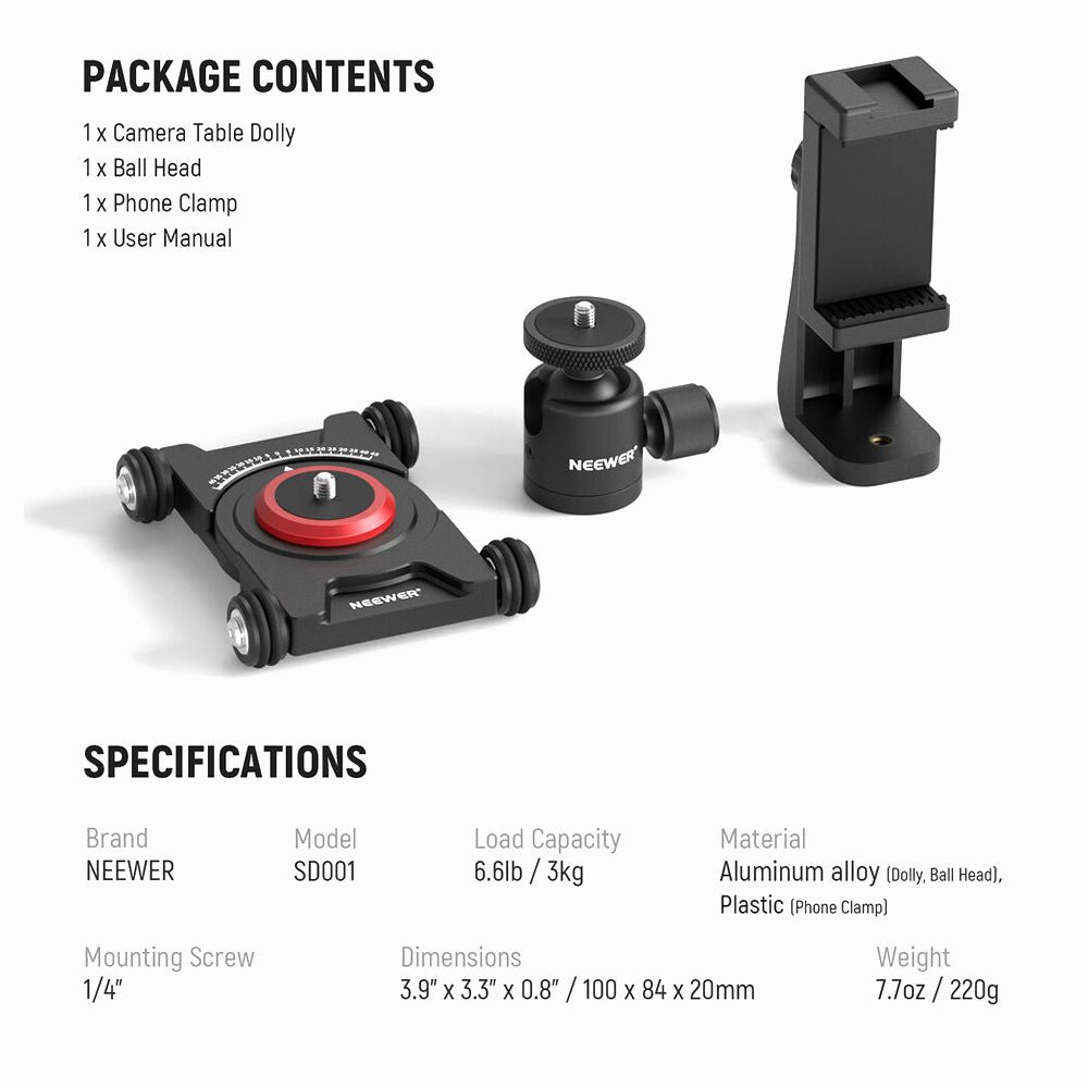 Neewer SD001 Tabletop Camera Dolly with Ball Head and Phone Clamp thumbnail 2