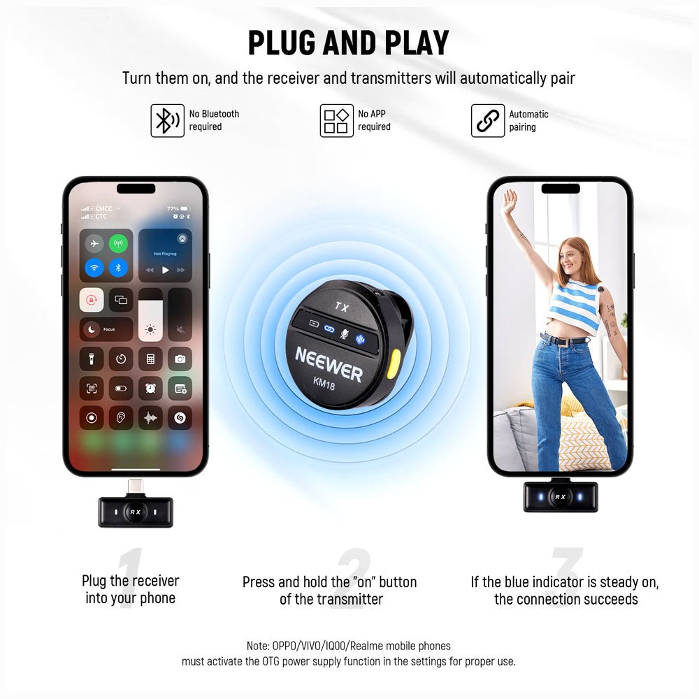 NEEWER KM18 Wireless Button Lavalier Microphone for USB C Phone thumbnail 2
