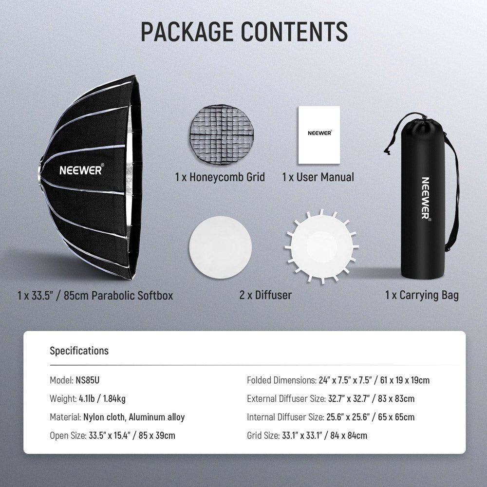 NEEWER 85cm Deep Parabolic Quick Release Softbox With Honeycomb Grid-NS85U thumbnail 2