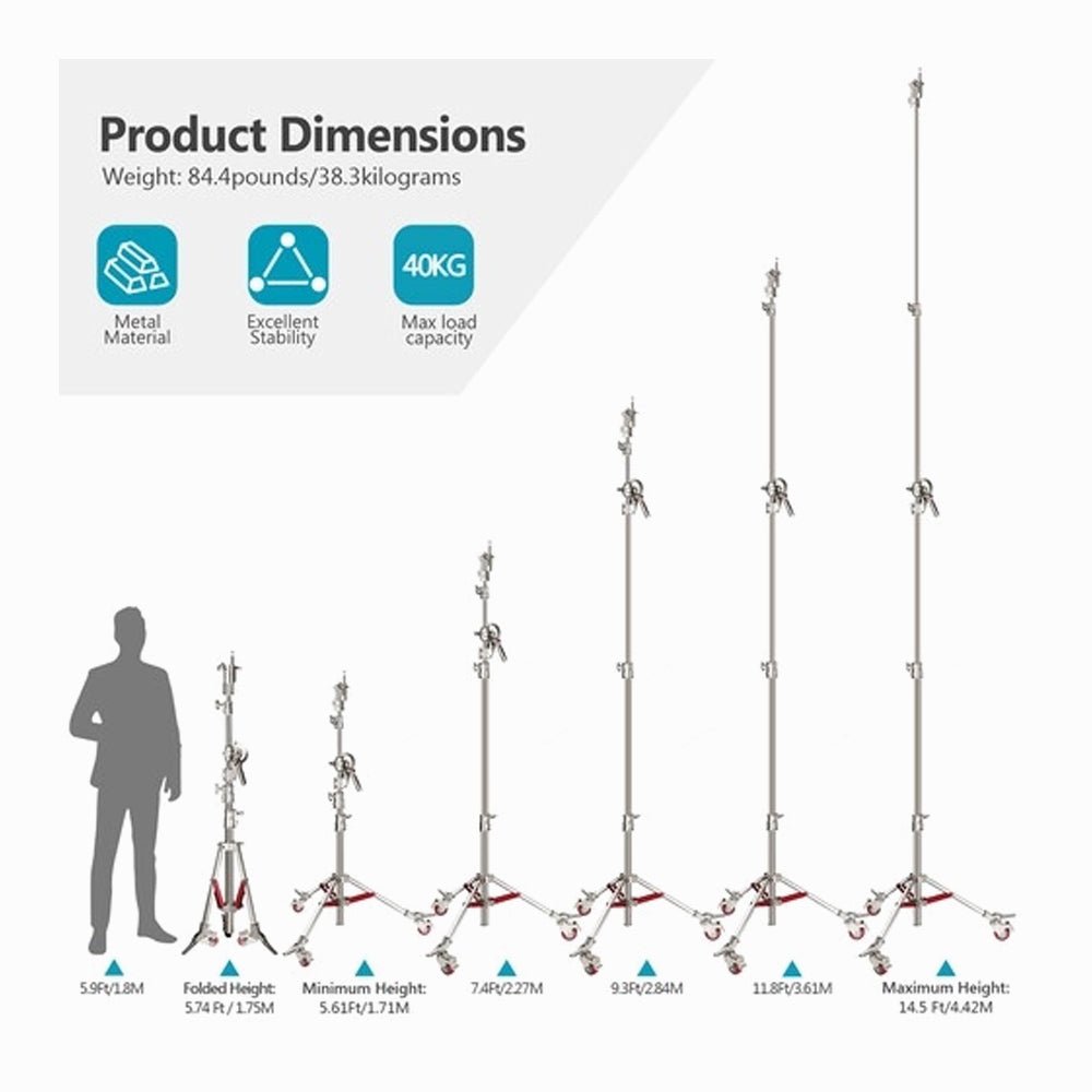 Neewer Pro Stainless Steel C Stand Light Stand with Pulleys, Max. Height 14.4ft/440cm with 7ft/218cm Cross-Bar and Empty Sandbag thumbnail 2