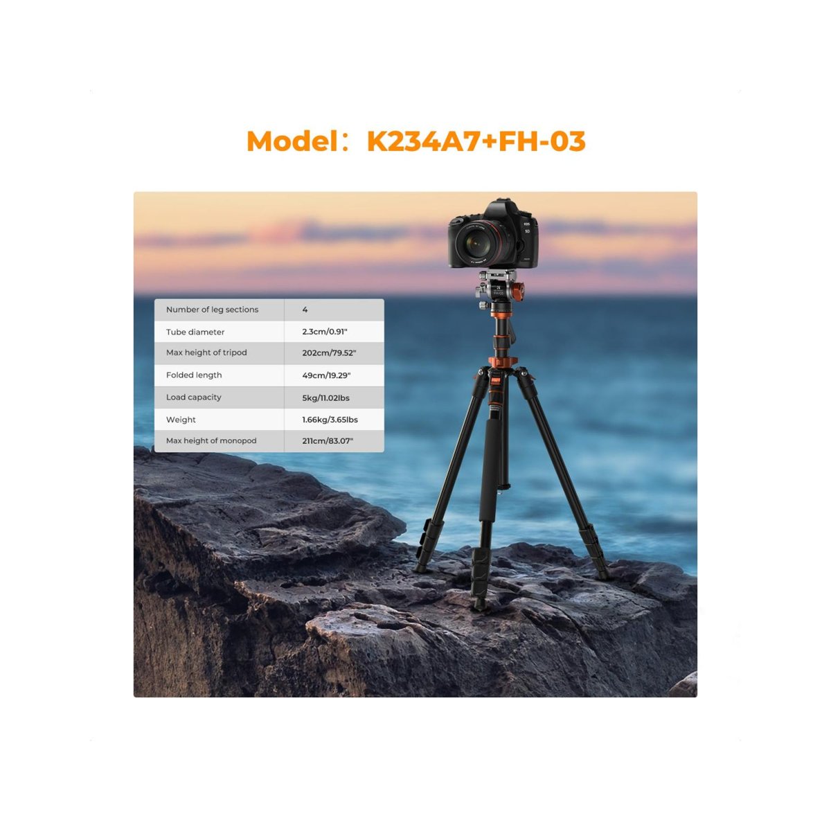 K&F Concept KF09.136 K234A7+FH-03 Professional Video Tripod with Fluid Head thumbnail 2