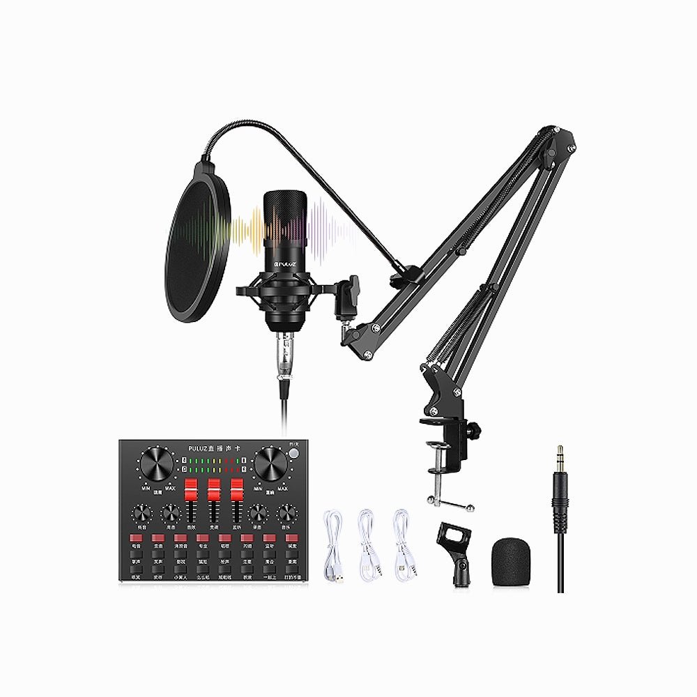 PULUZ Sound Card Live Broadcast Bluetooth Sound Mixer Studio Microphone Kits with Suspension Scissor Arm & Metal Shock Mount, Chinese Versio