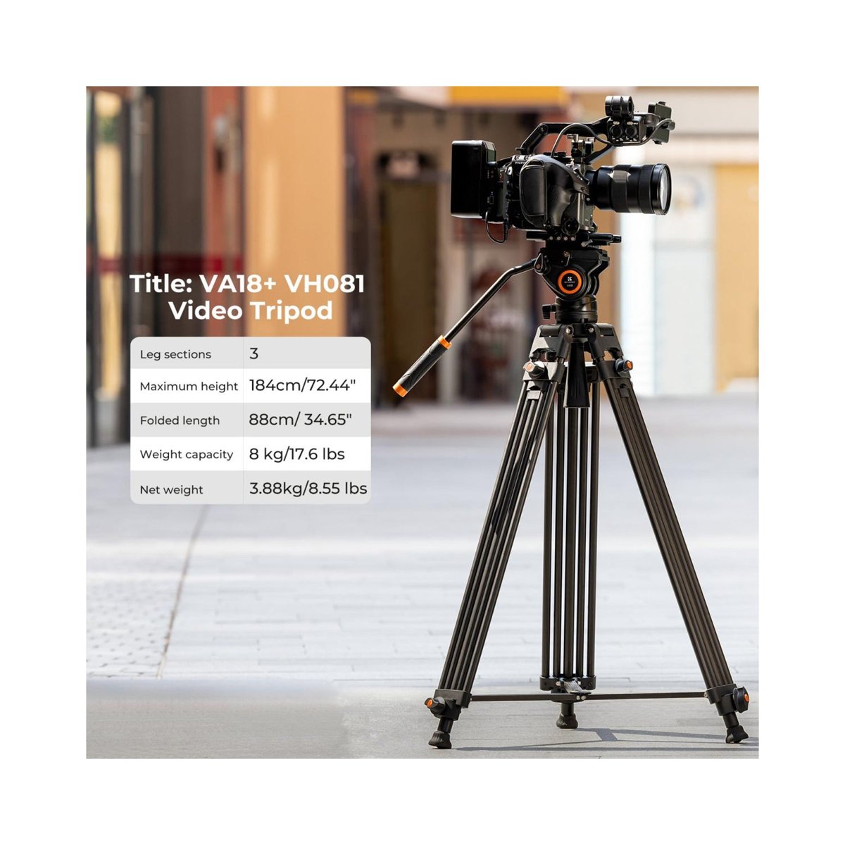 K&F Concept VA18 + VH081 Aluminum Alloy K&F Camera Video Tripod with Panorama Fluid Hydraulic Billhead (KF09.121) thumbnail 2