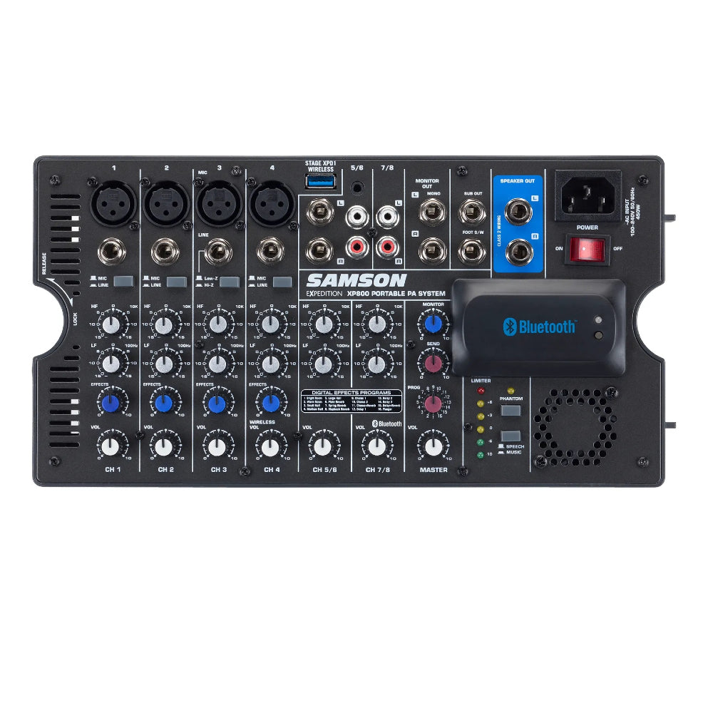 Samson Expedition XP800 800W Compact All-in-one PA with 8-channel Mixer, Dual 2-way Speakers, Built-in Digital Effects, and Bluetooth Connectivity thumbnail 3